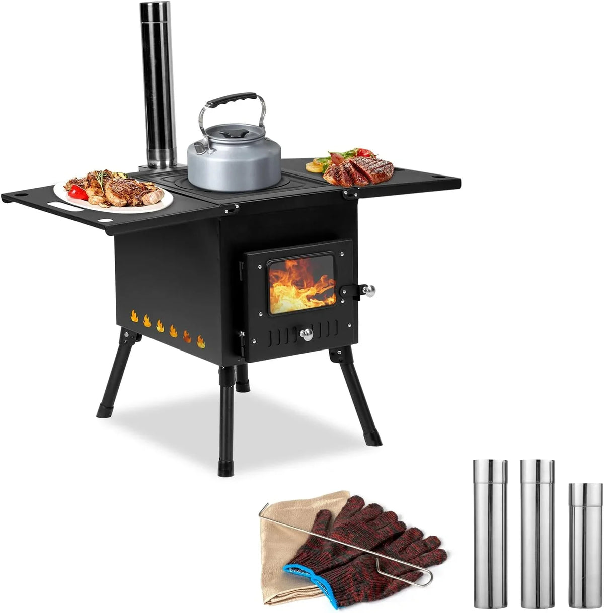 Pipes, Outdoor Cooking Stainless Outdoor Tent and with People Use(Black) Camping Wood Jack Heating Stove Burning Gloves Tent & for Chimney 1-2 Portable Wood Stove Stove, Camping