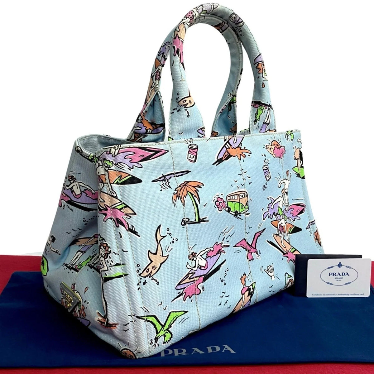 Pre-Owned 25905 Prada Canvas Tote Blue Multicolor Surfing (Good) Handbag Bag Pattern PRADA Triangle Canapa
