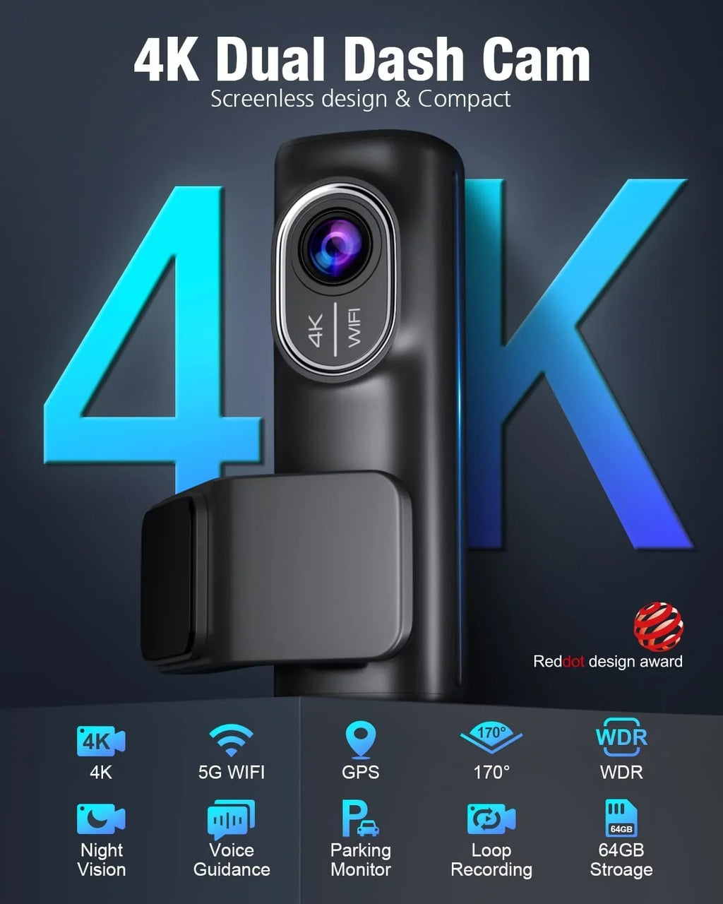 5G Vision, Loop Dash Recording, Front WDR and with Card, Free 4K/2K/1080P+1080P 64G Night Rear GPS Dual 24h Parking WiFi OMBAR Cam APP G-Sensor, SD Mode,170°Wide,