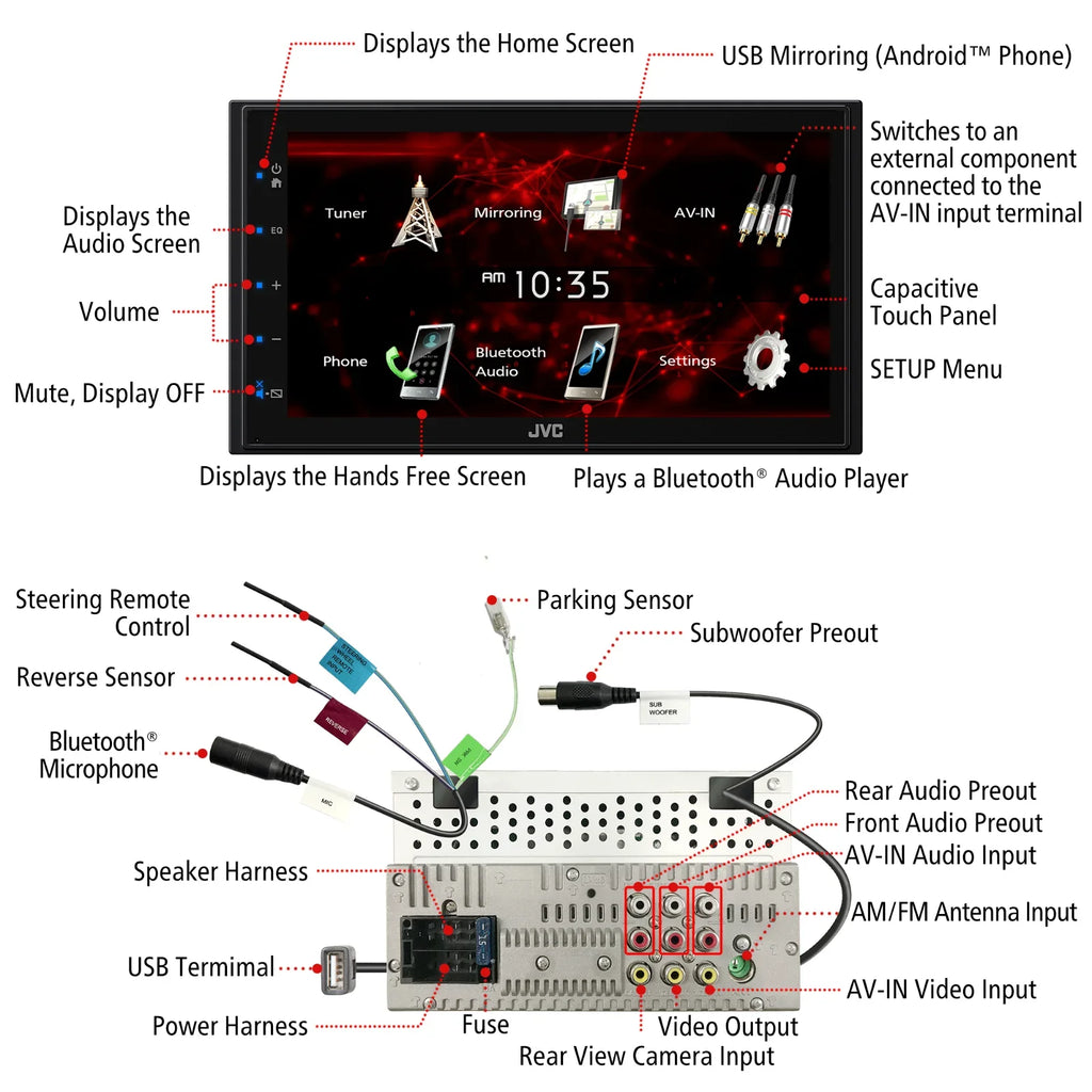 '+ For Mirroring Media Player USB JVC 6.75" Bluetooth Camera 2 Android DIN KW-M180BT Backup