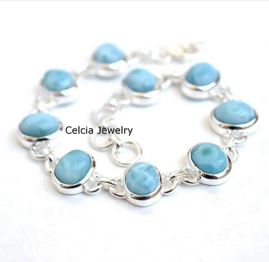 Oval Multiple Women, Solid Larimar For Sterling Handcrafted 925 Blue Bracelet For Her Genuine Him Men Silver Gemstone Unique Bracelet