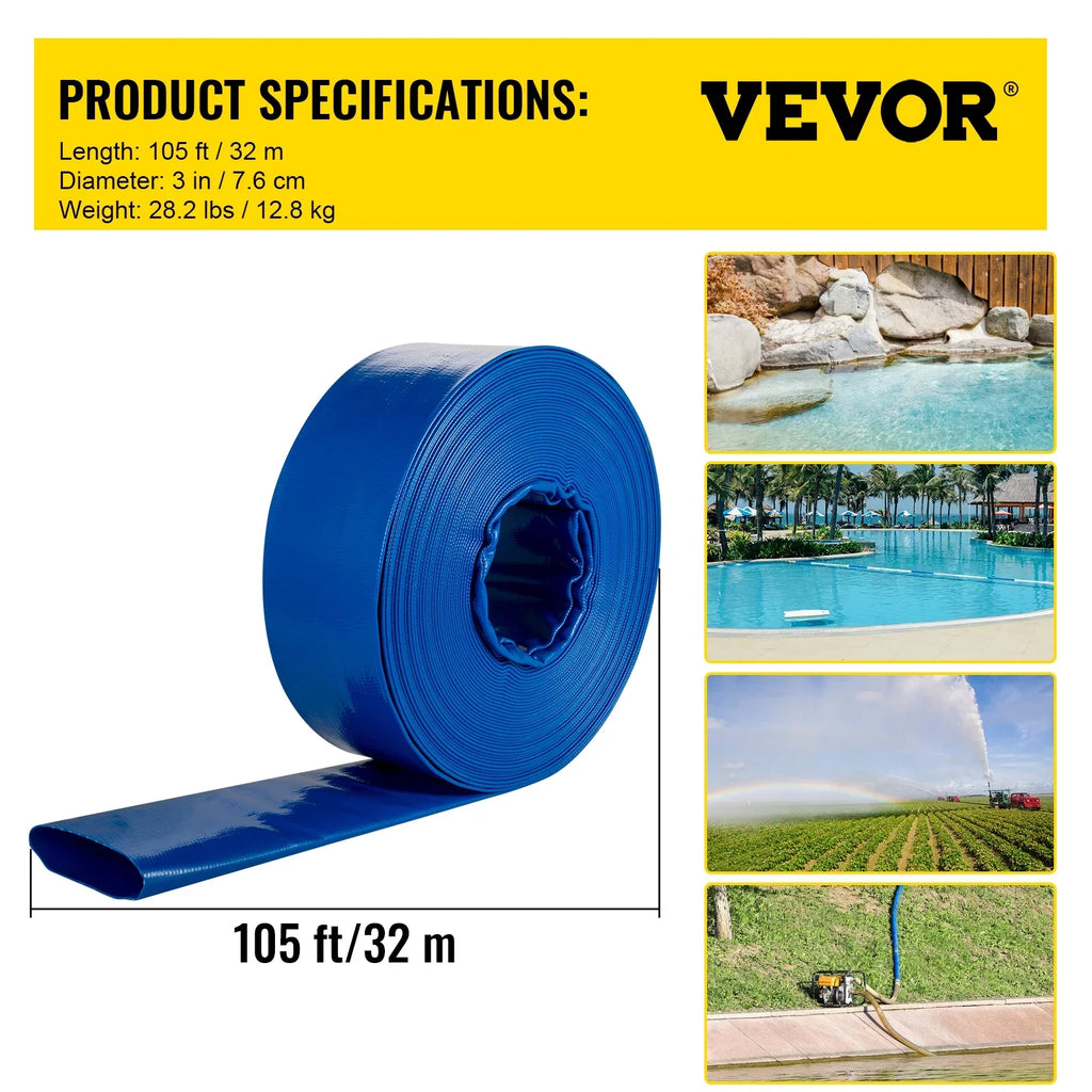Ideal Burst-proof, BENTISM & Discharge Weather-proof PVC with & Fabric Lay Drain Heavy Clamps, Hose Hose, Water Transfer for Flat Backwash Duty Swimming 3" x 105', Pool Hose,