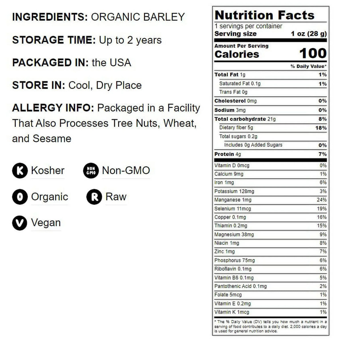 Non-GMO, Grain, – to 2 Kosher, Organic – the USA by Food Raw, Pounds Hulled Bulk Live of Product Barley,