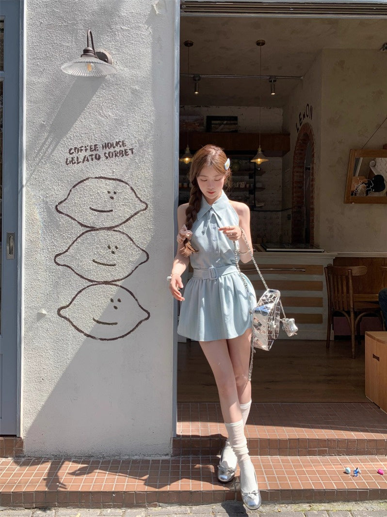 Dress [In Oni Deeeefuu Pei Sleeveless Dress Man Stock]] Tie Short S Pei Mambo Han Waisted Mint Halter Women Neck Dresses Commuter