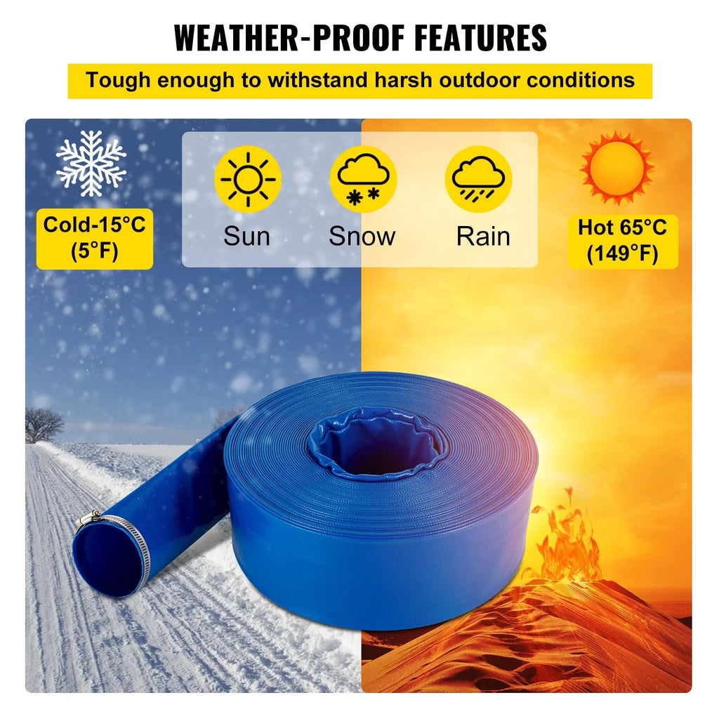 Ideal Blue Pool for Swimming x & Hose, Duty Backwash Transfer, Lay Discharge 105', with BENTISM Hose Weather-proof Fabric & Hose, Drain Water Flat 2" Burst-proof, Clamps, Heavy PVC