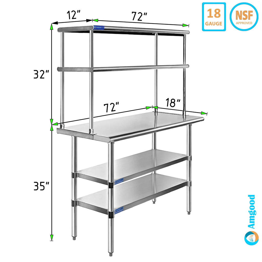 Prep x Kitchen Two Stainless | Overshelf 72" Work Wide Tier Table Table Double 18" | Shelving Combo Shelves & With Metal Steel 12"