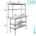Prep x Kitchen Two Stainless | Overshelf 72" Work Wide Tier Table Table Double 18" | Shelving Combo Shelves & With Metal Steel 12"