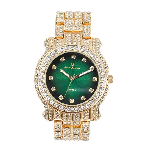 Green) Money Silver Bracelet Bling-ed Gold Watch Out Round - Luxury ZZ Mens (L0504DXB Out w/Bling-ed