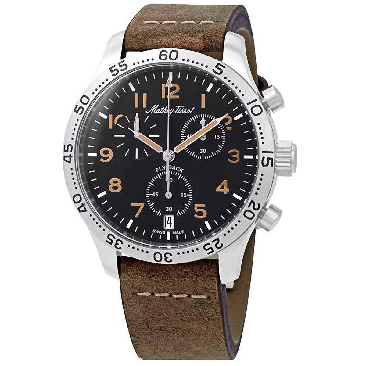 Mens Watch, Flyback Adult Strap - Black Type Chronograph Leather Dial 21 Quartz Black