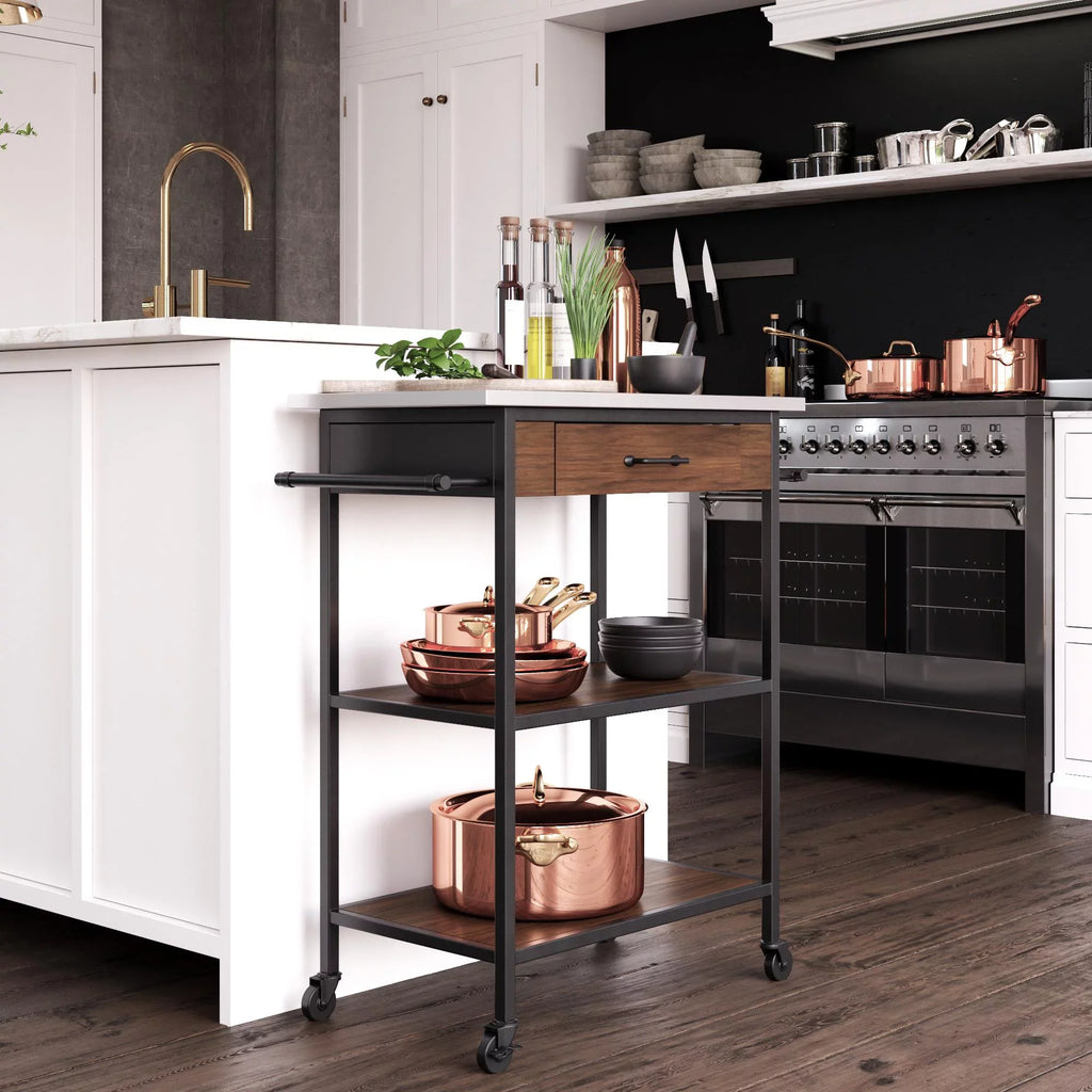 Brown Metal Counter Kitchen Black Storage, Stainless Pantry Cart, Top, Frame, DHP Steel Kane
