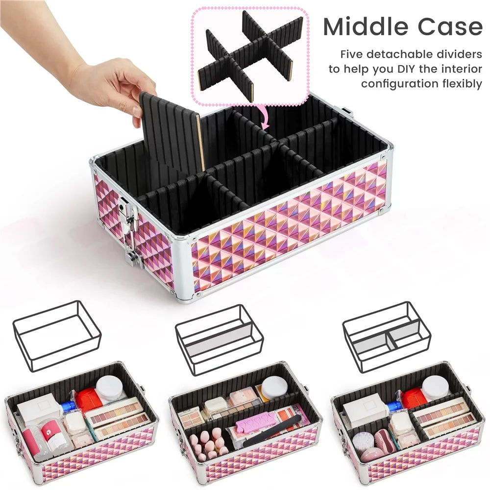 Topeakmart Train Large Trolley 3-in-1 Storage, Pink Case Cosmetic Makeup Rolling with