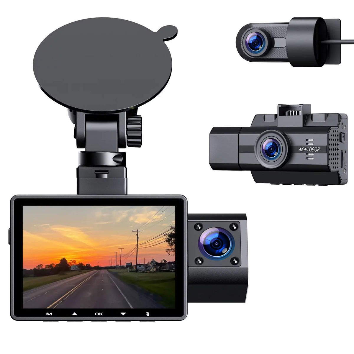 4K 4K+1080P Dash and Vision, Angle, Triple 170°Wide WDR, Night Cam Monitor with Dash Front and 3 Inside, Front Rear IR Car Camera Parking 2K+1080P+1080P Inside, Channel Camera