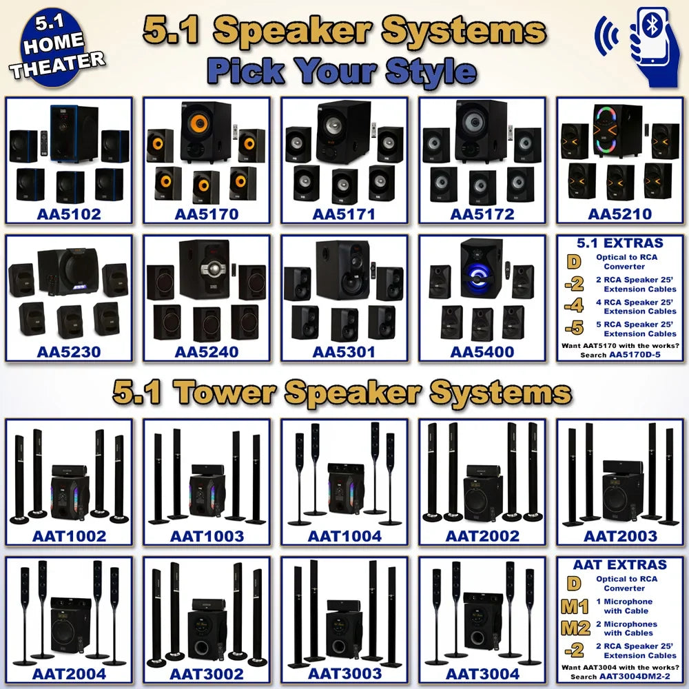 5.1 Theater Speaker with 4 Bluetooth and AA5171 Cables System FM Acoustic Extension Audio Home