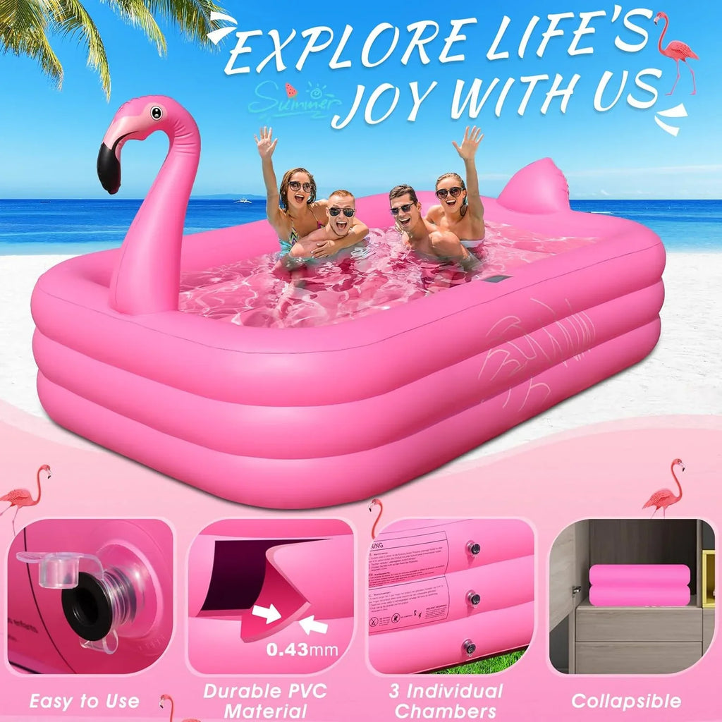 Pool up for Family Inflatable Backyard,Outdoor Blow Large Pool Inflatable Swimming Flamingo Kids,Adults with Pool Pool, 105"x65"x25" Lights, Solar Kiddie Durable Inflatable 2024 Thickened for Pool,
