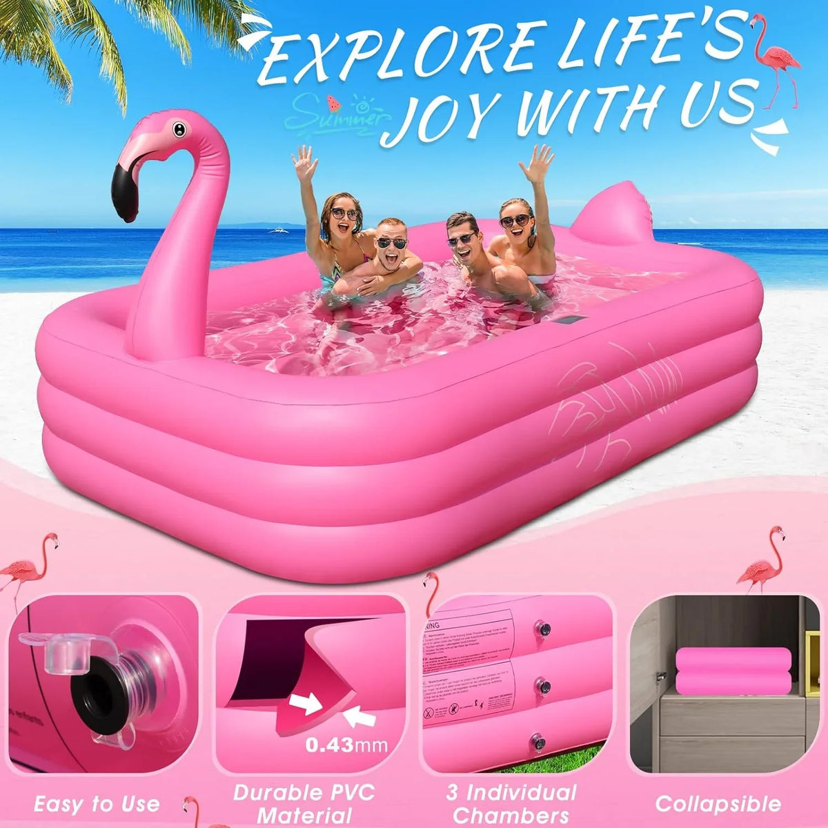 Pool up for Family Inflatable Backyard,Outdoor Blow Large Pool Inflatable Swimming Flamingo Kids,Adults with Pool Pool, 105"x65"x25" Lights, Solar Kiddie Durable Inflatable 2024 Thickened for Pool,