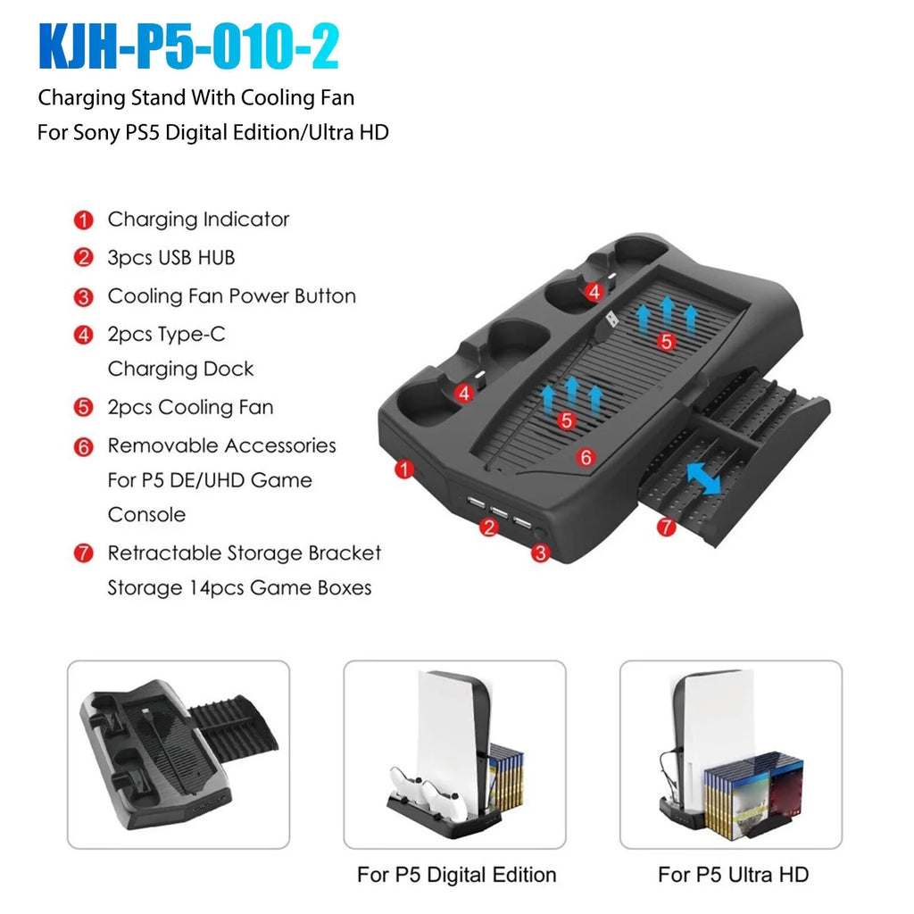 14 Disk Cooling For Fans PS5 Games Charging Slot Stand Dock Controller w/Console