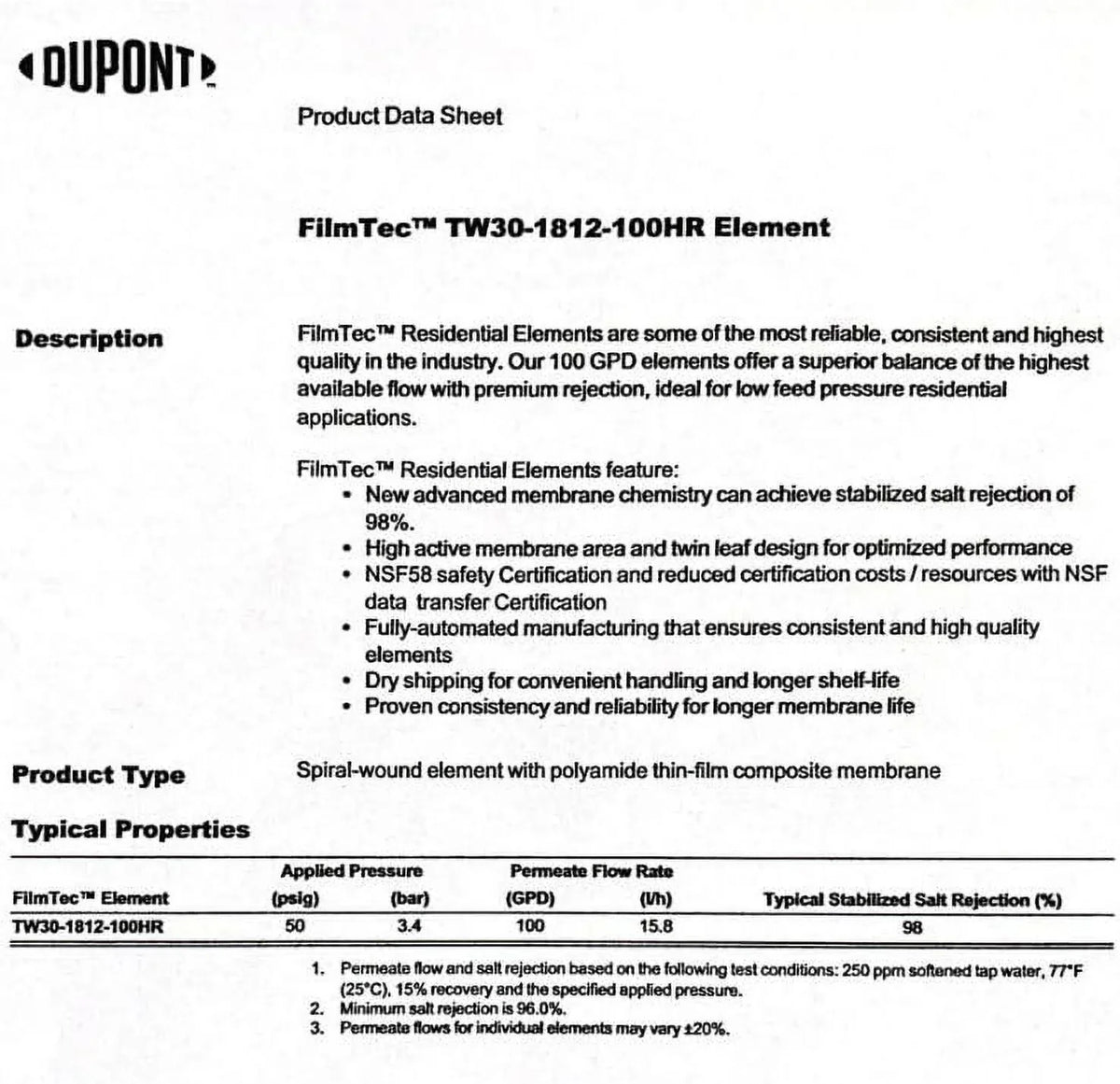 Reverse High TFC GPD Membrane Osmosis For TW30-1812-100HR (RO) Rejection System Undersink 100