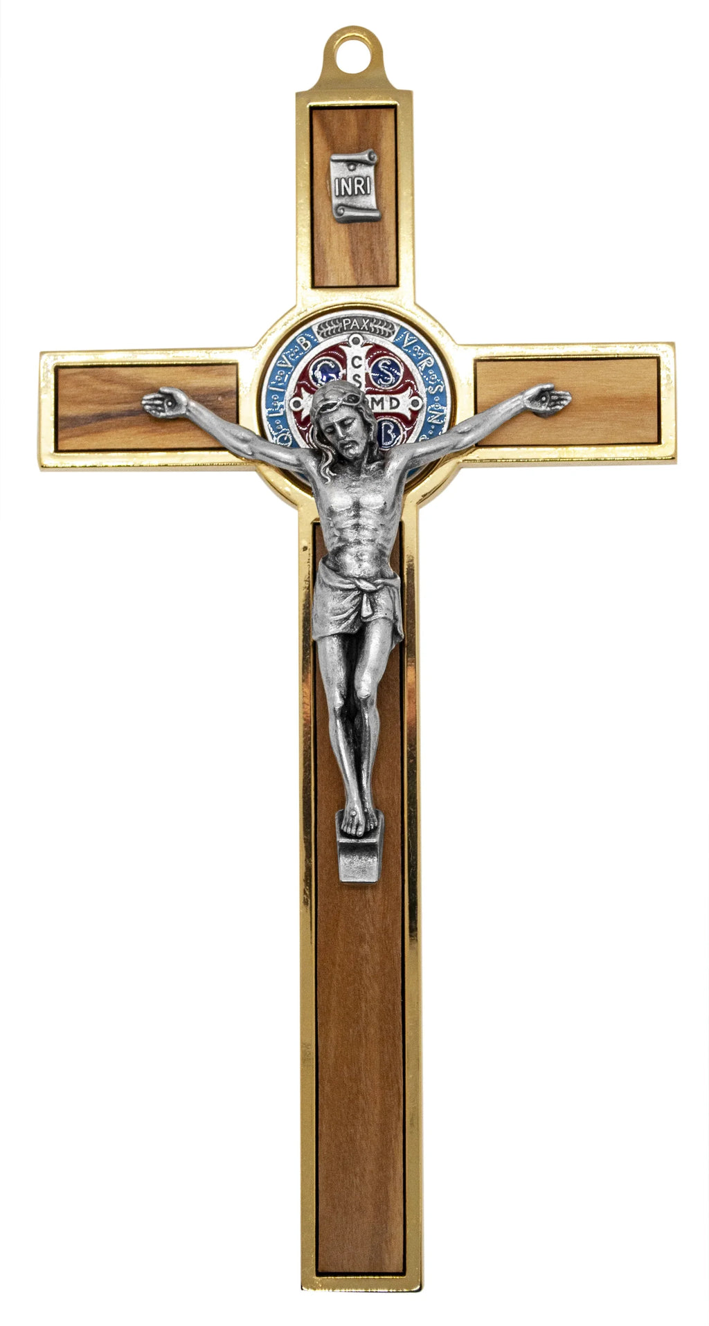 Benedict and Crucifix Medal with Inlays Wood Gold-Tone St. Colored 7.75"