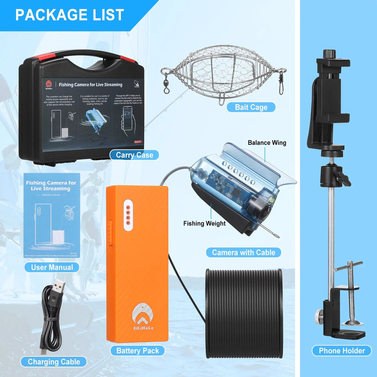 with Case Phone Holder Mobile Live for Control Dcenta Camera with Lake Fishing Kayak Fishing Boat Carry 1080P Video Cage Finder Underwater APP Camera Bait Cable 50M Fish Ice Sea Fishing