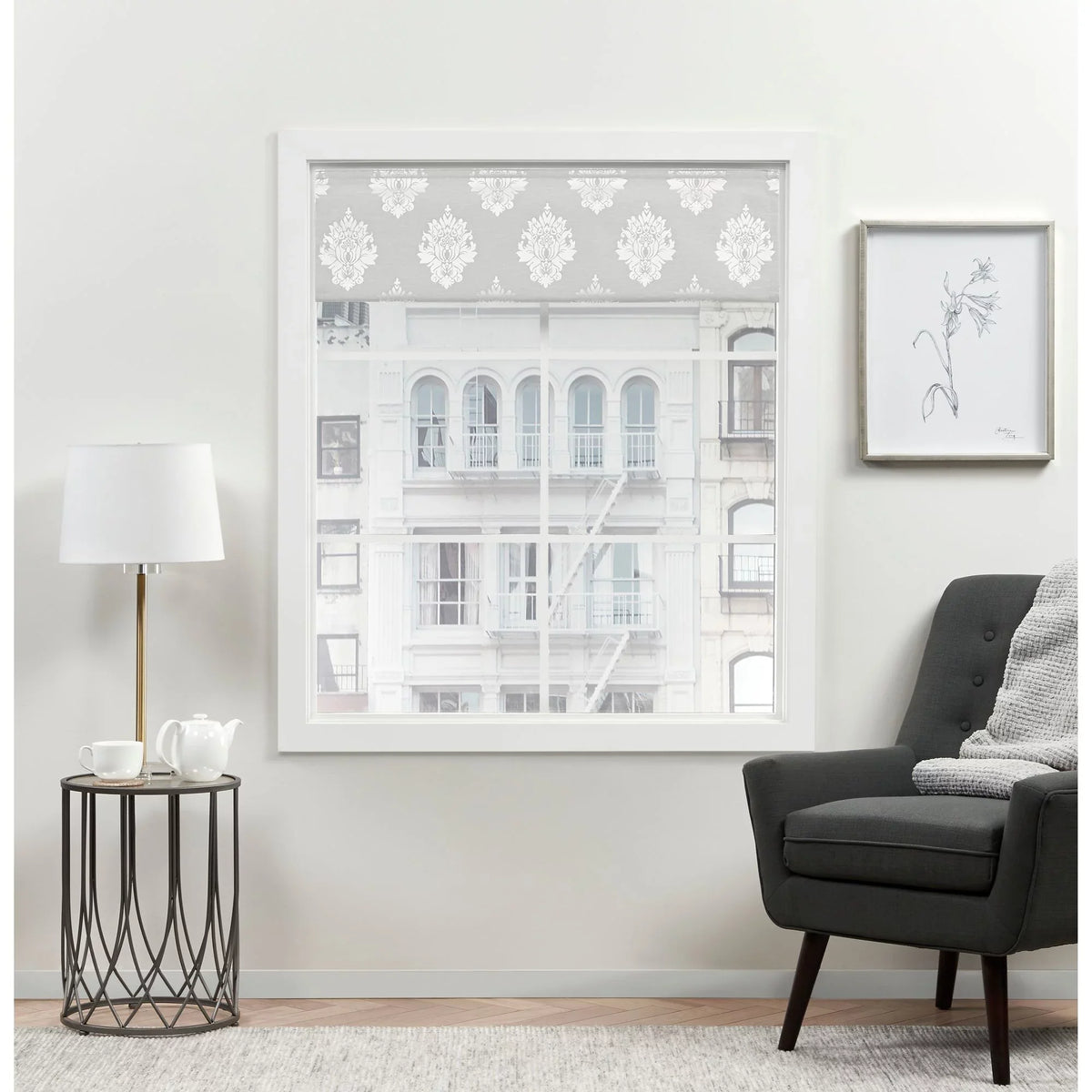 Exclusive 100% Roman Marseilles Shade, 34"x64", Damask Home Blackout Silver