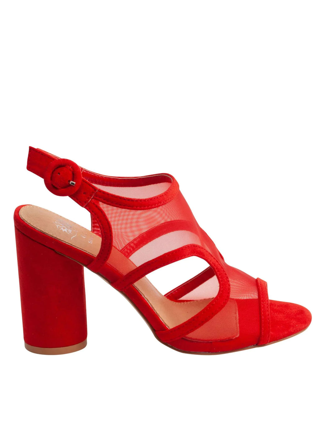 Round Toe Block Claire Mesh Slingback Cutouts Buckle Padded Sandal Womens Adjustable Red Heel 7.5 Side G.C. SHOES