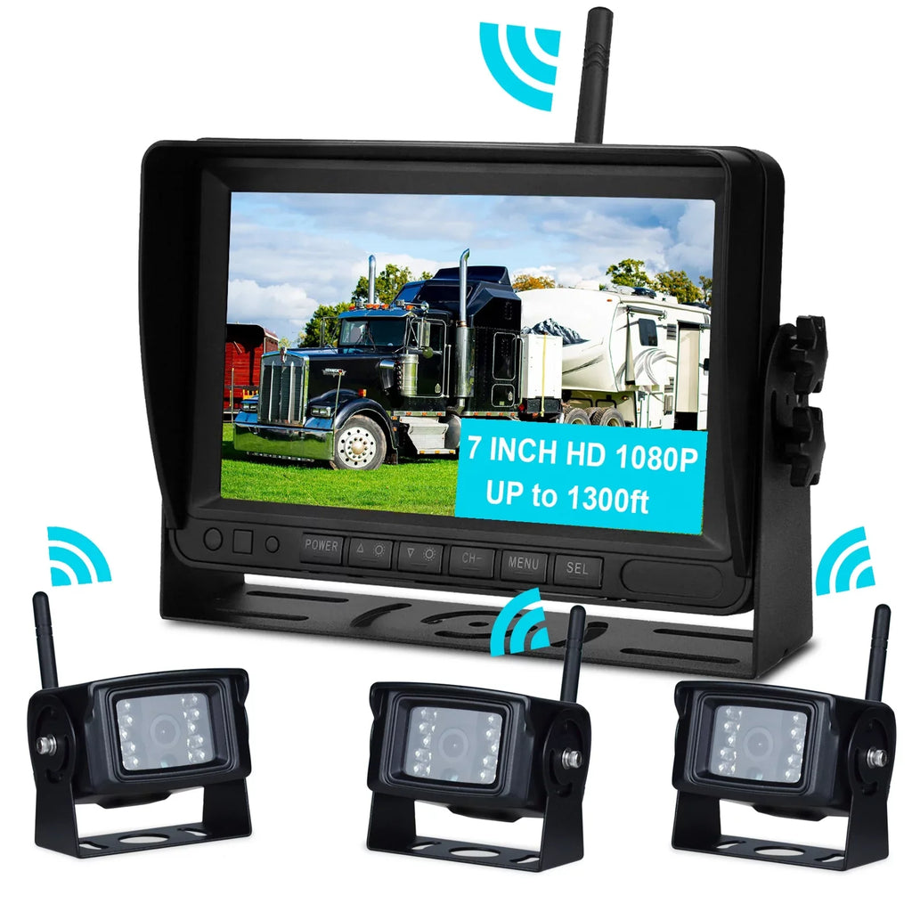 for 1080P Truck 7" Wireless AHD Camera Display Kit Rear Backup 3CH Trailer View