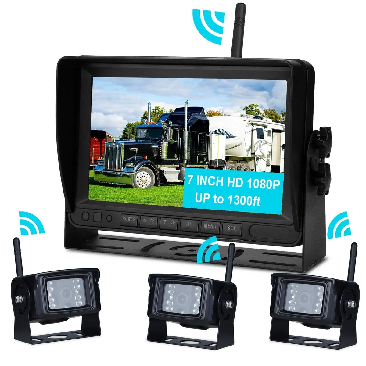 for 1080P Truck 7" Wireless AHD Camera Display Kit Rear Backup 3CH Trailer View