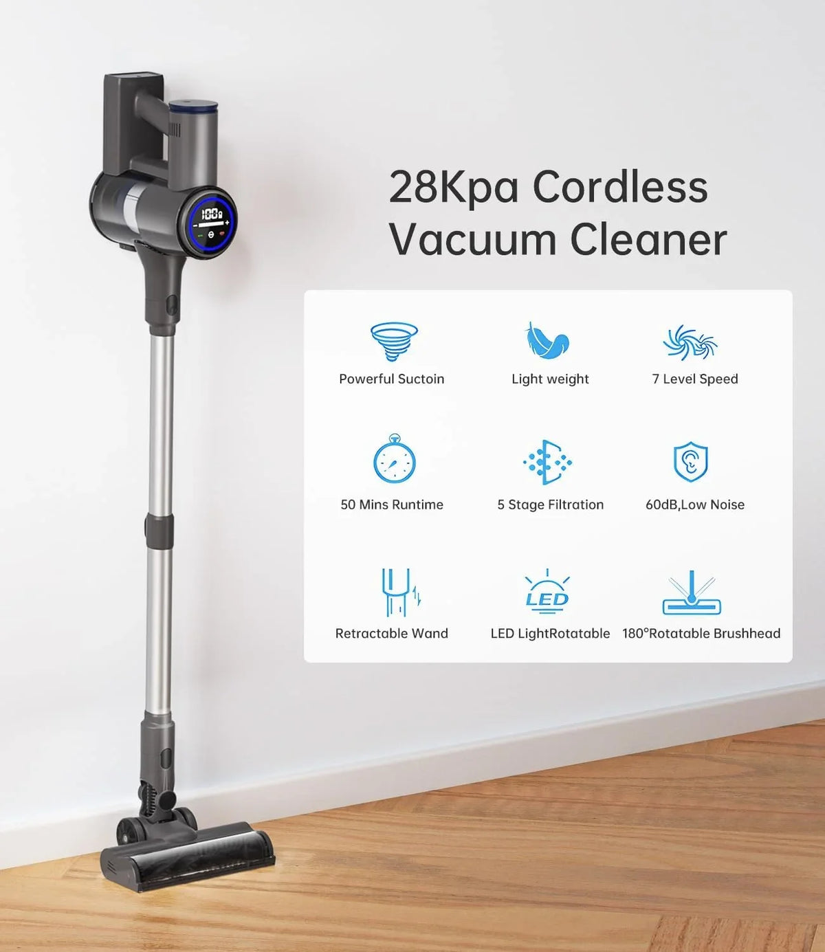 and Mins Home Carpet, Hardwood Stick for Cordless 50 28KPA, Vacuum Vacuum RunTime Cleaner 7 Modes, Cleaners Floor Cordless Pet with Cleaner Power Hair Vacuum