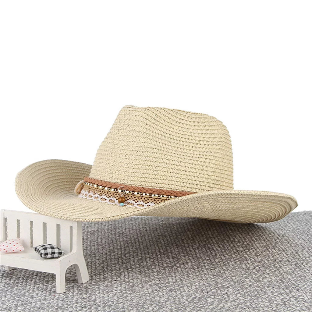 Sun Hat Western Cowboy Packable Women Brim Trilby Straw Beige Style Floppy Big