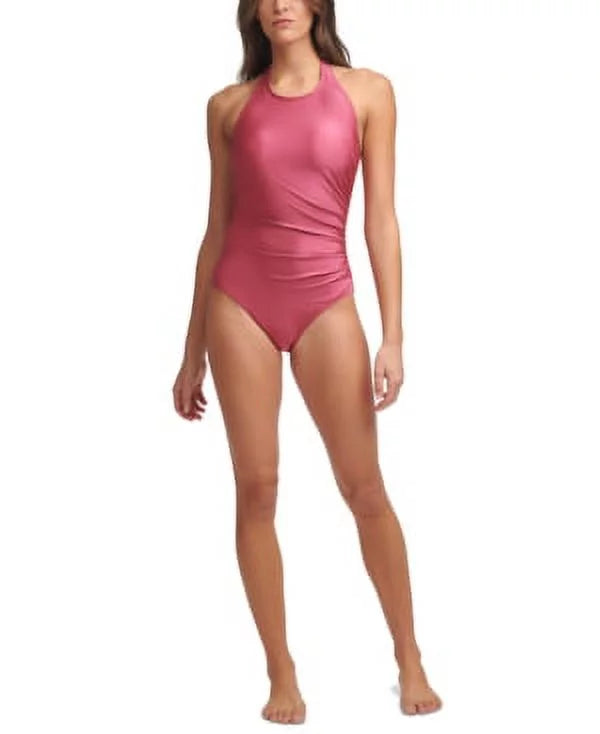 US Calvin 14 Halter Klein SHIMMER One-Piece Swimsuit, High-Neck CARMINE