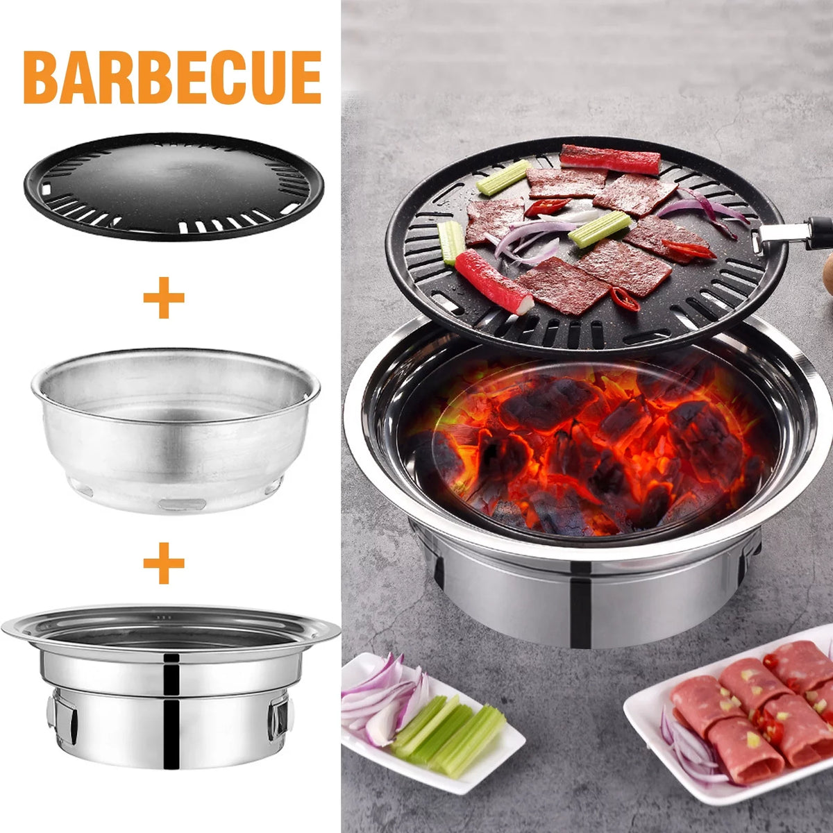 Picnic Smoker and Round Korean Camping Household Non-stick Grill, Outdoor, Grill Charcoal Grill, Stove Portable BBQ Grill Carbon Grill Indoor for Barbecue