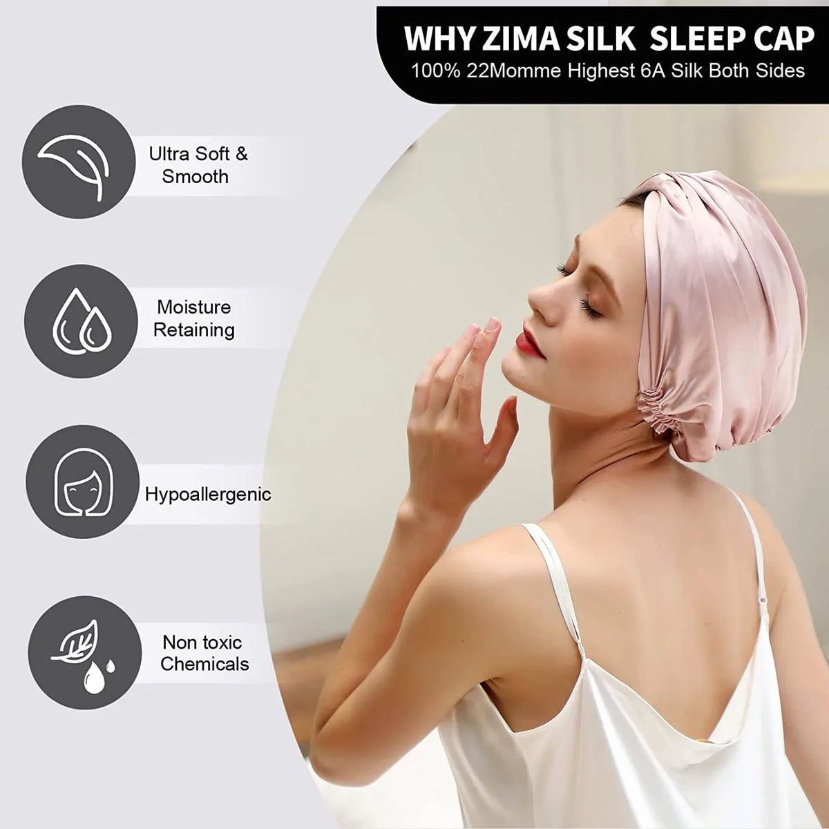 Head Mulberry Cap on Sleeping Silk Hair Night Natural with for (1Pc, Silk 100% Elastic Women Caps Care, 22 PINK) Stay