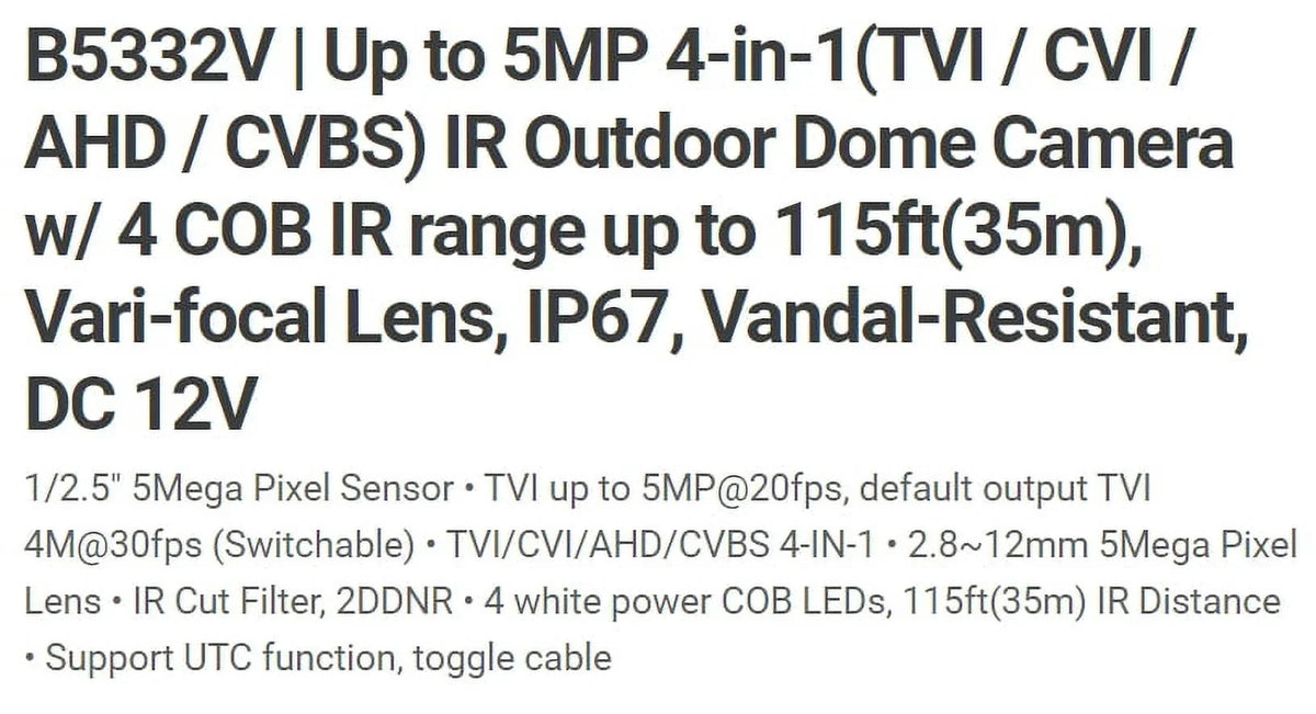 5MP Eyemax IR 12V HD-TVI Vandal 2.8-12mm, TIV COB DOME DC B5332V-W Camera IR LED 4