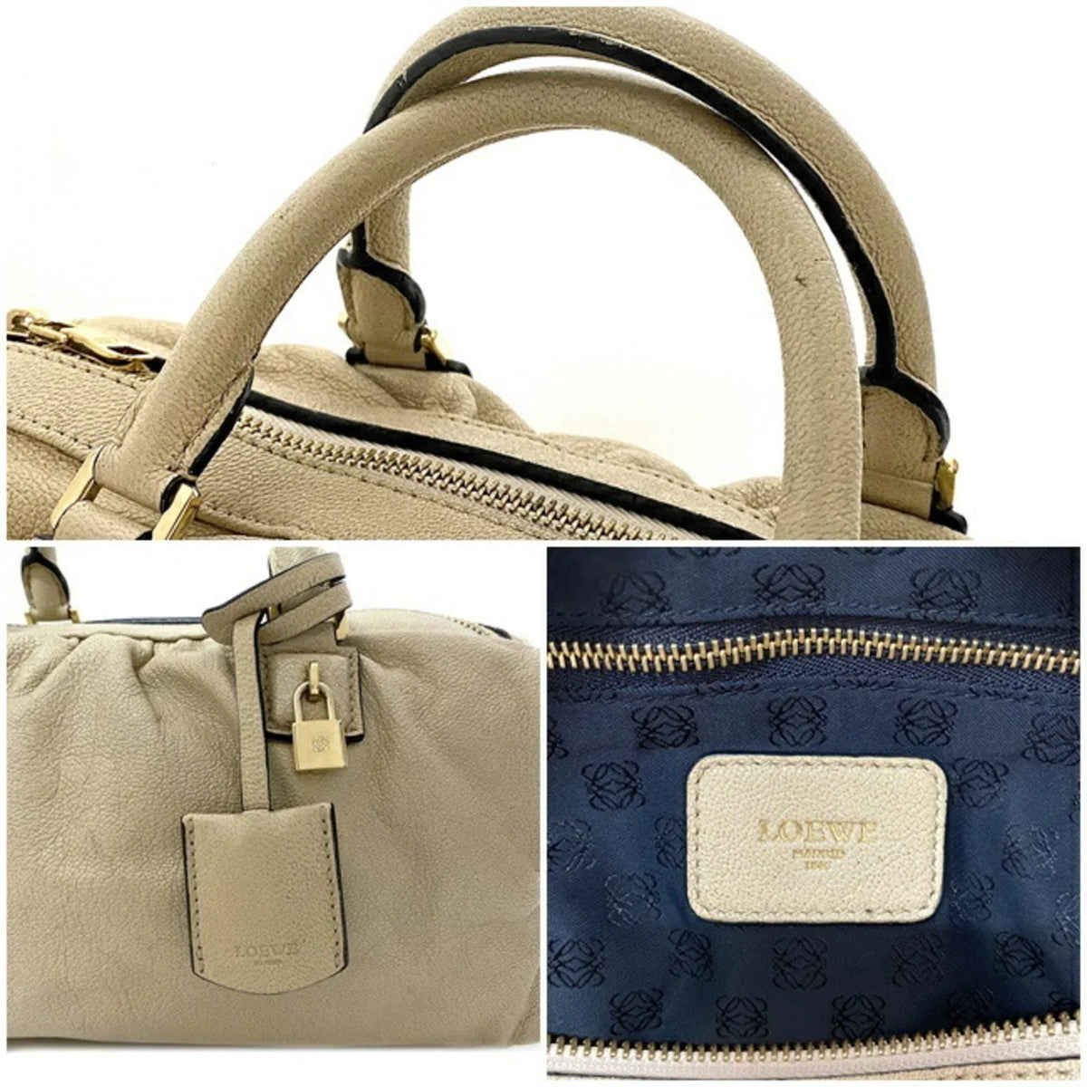 Pre-Owned Champagne Boston (Good) Gold Loewe Handbag Leather LOEWE 2way Lame Anagram Women's