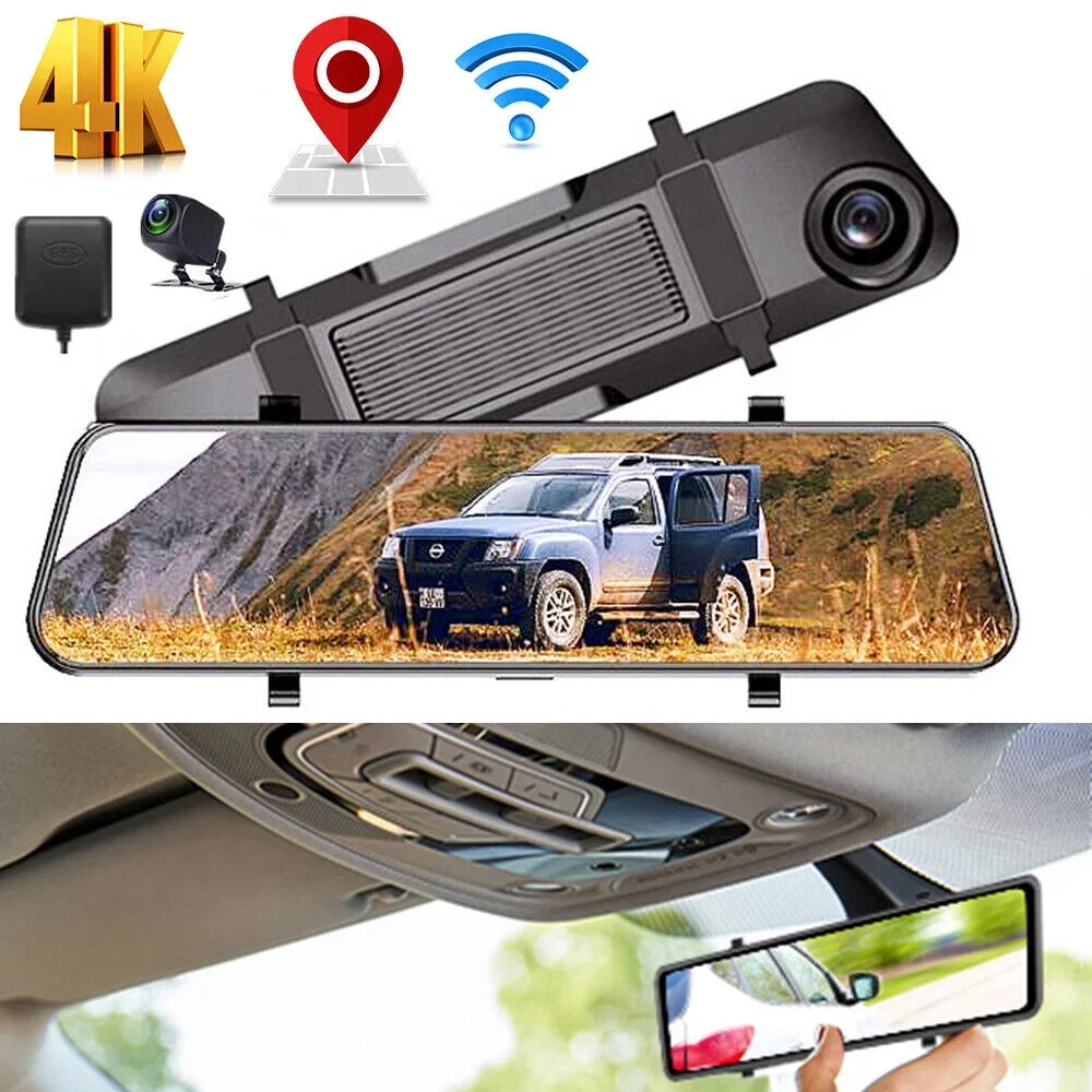 Car Kqiang Backup Voice Mirror View Rear Control Dash 12" Cam 4K Dual Camera WiFi GPS