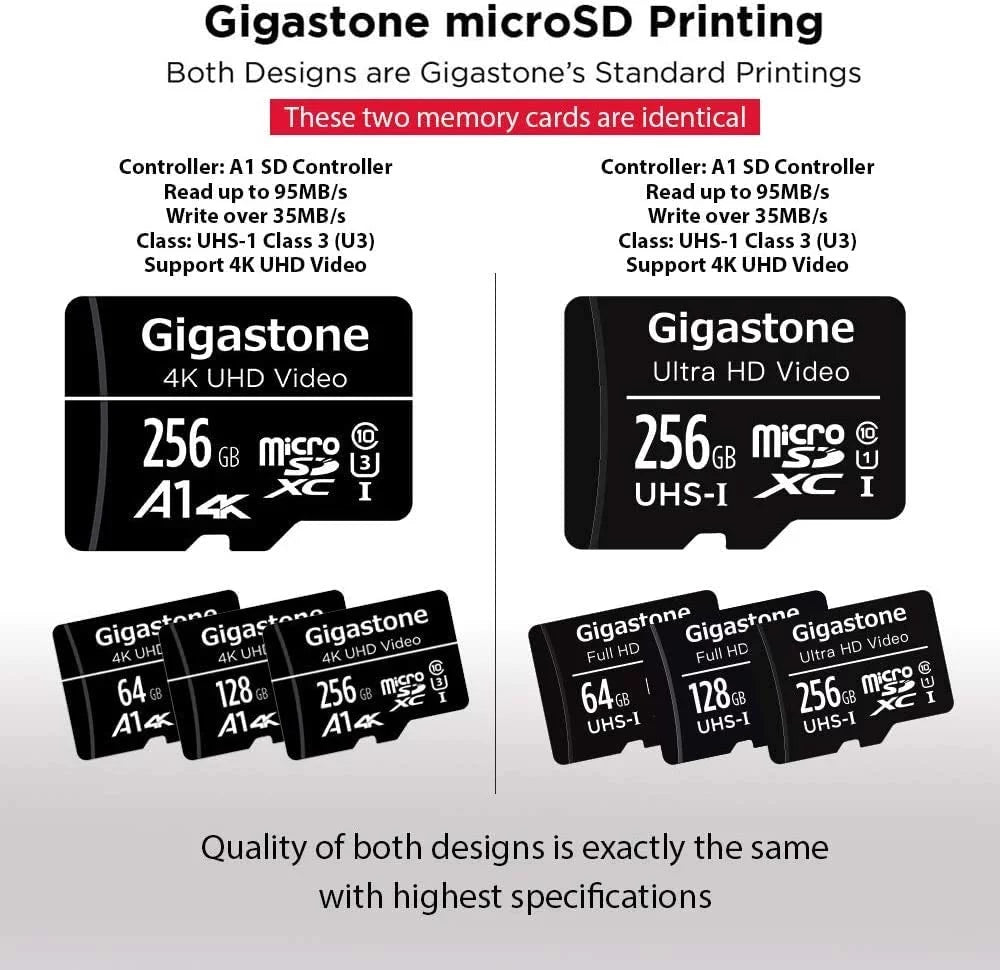 Class Dash Micro Card, 2 10, Action Gigastone (2x256GB) memory Camera Pack Surveillance A1 Security 100MB/s Video, Cams, Micro UHS-I SDXC 4K SD UHD Drone 256GB Cam Professional,