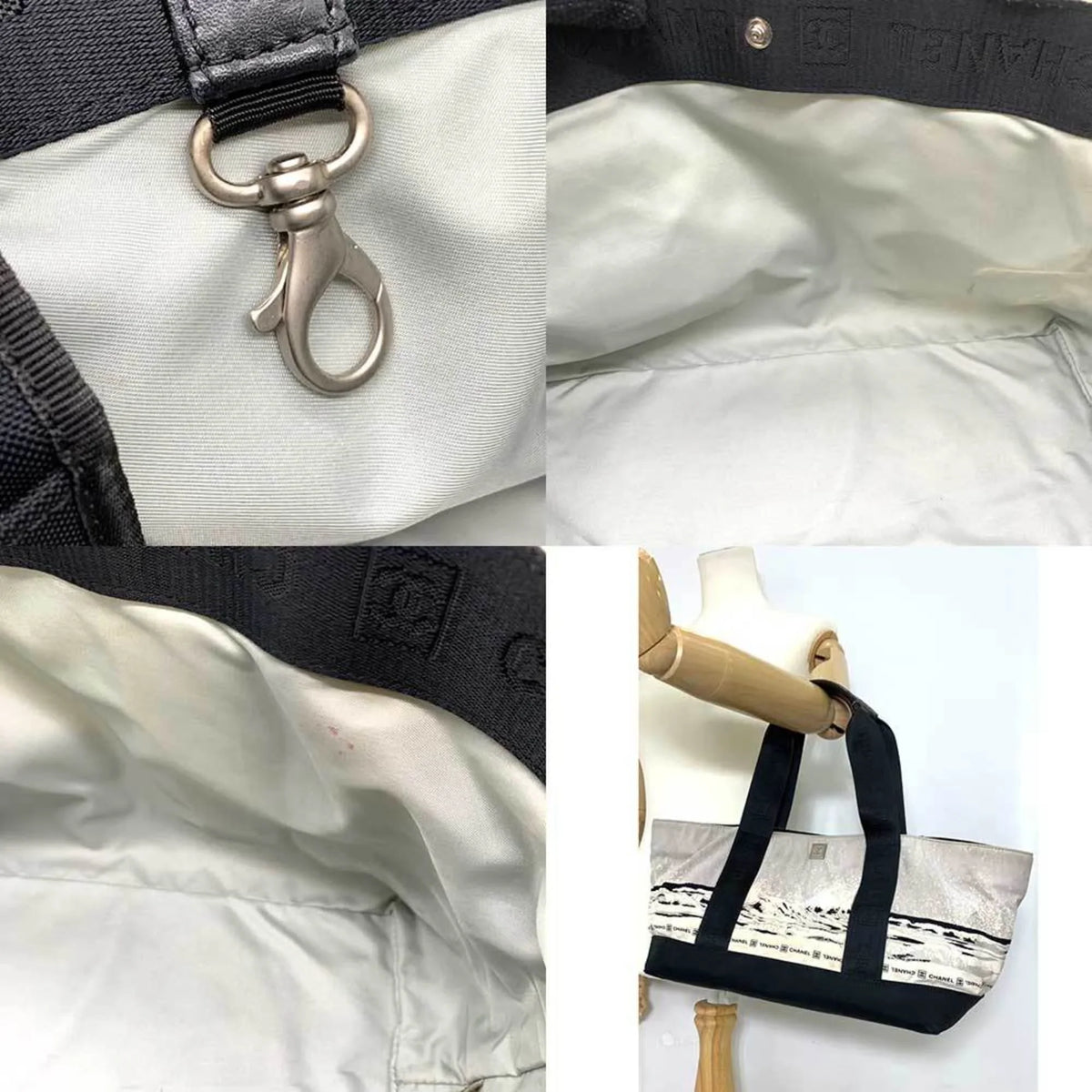 CHANEL Handbag Gray Pattern Line Tote Summer Canvas Bag Nylon High Horizontal Ladies Black x Pre-Owned Sports (Fair) Men's Wave