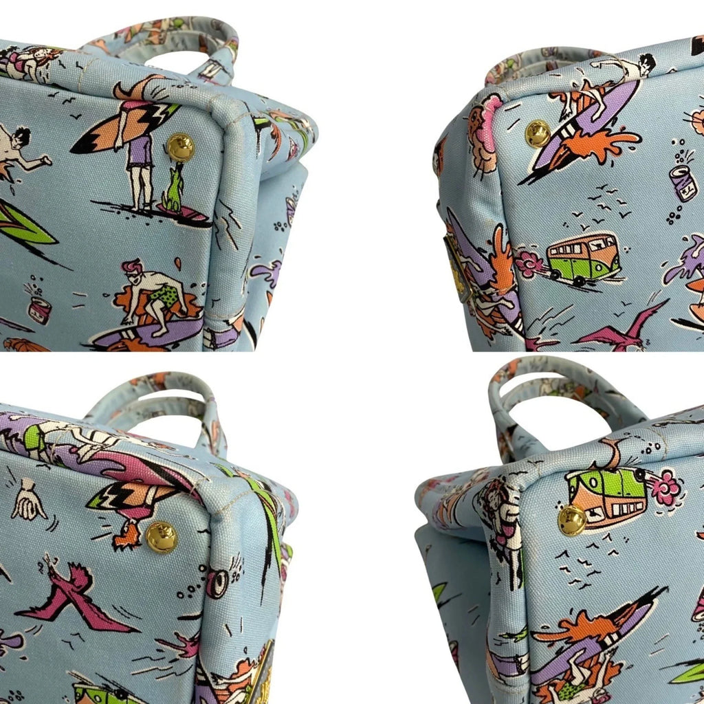 Pre-Owned 25905 Prada Canvas Tote Blue Multicolor Surfing (Good) Handbag Bag Pattern PRADA Triangle Canapa