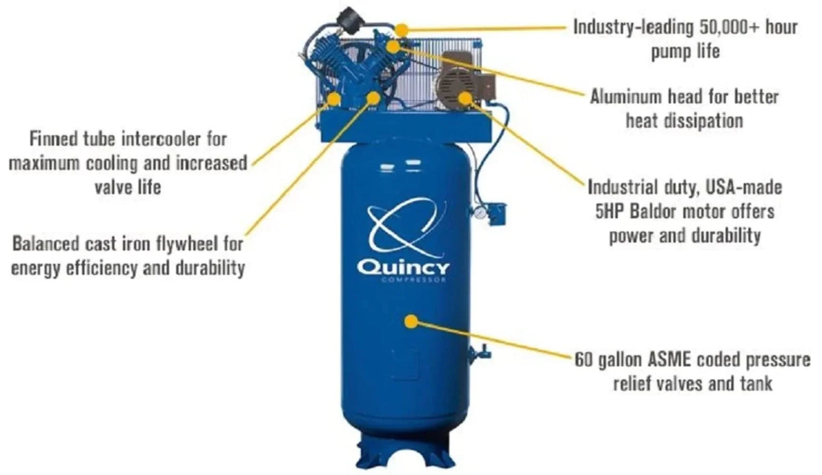 Model Vertical Compressor 1 Phase 60-Gallon Reciprocating 2Stage Air 2V41C60VC QT-54 5HP Quincy 230V