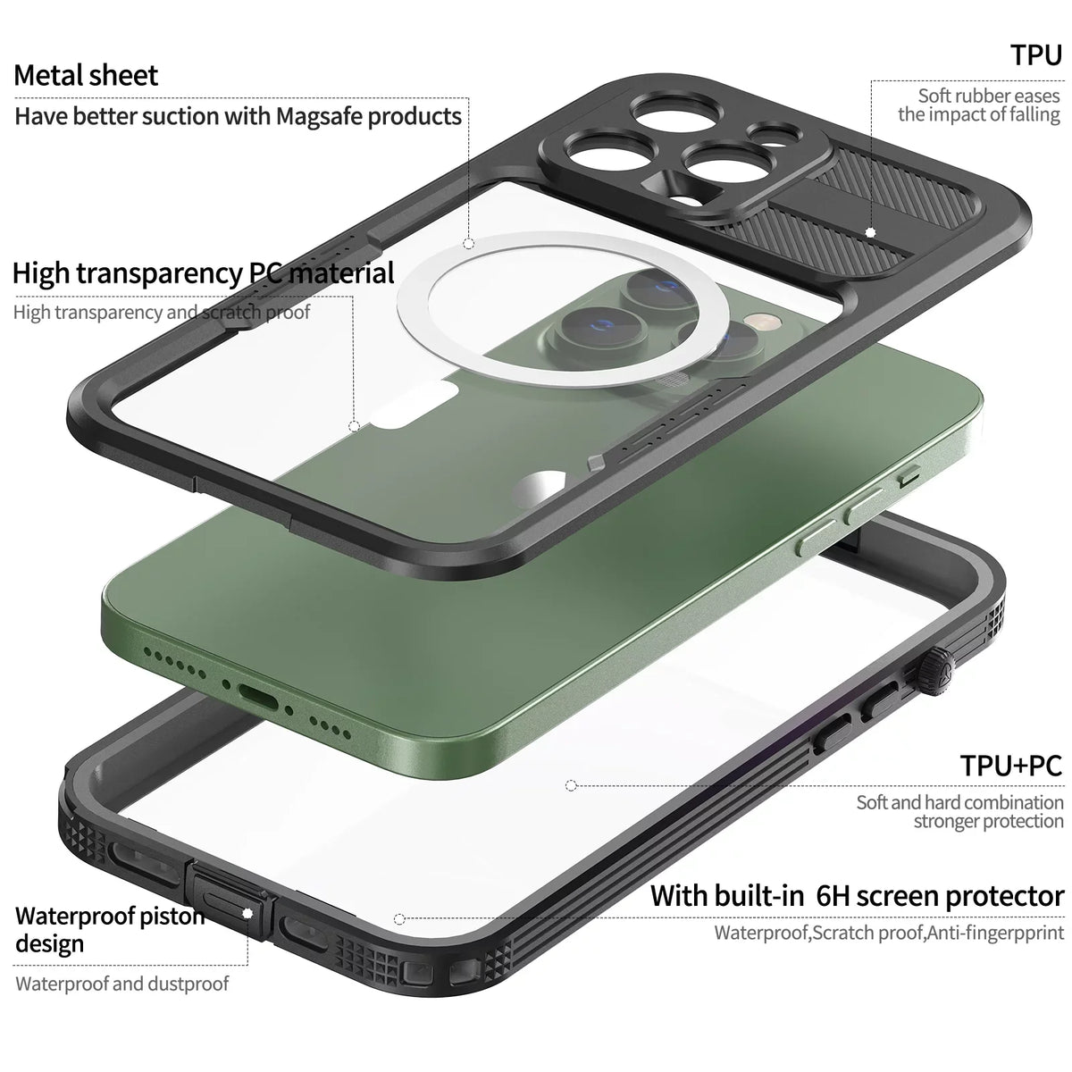 '- Military 6H for iPhone Pro Protector for Built-in 14 with 6.1" Pro [Real Underwater][14FT Case MagSafe] Screen iPhone 360][IP68 Dropproof][Dustproof][Compatible 14 Waterproof, Black