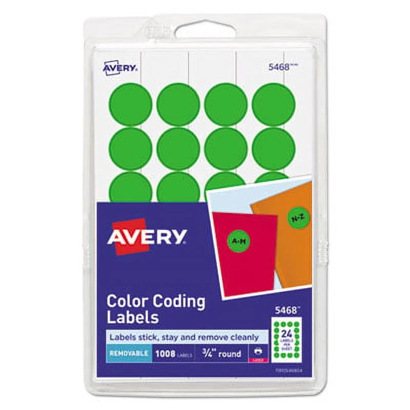 Green, 2PK Self-Adhesive Printable 24/Sheet, (05468) (5468) dia, Sheets/Pack, Color-Coding Removable 0.75" Neon Avery Labels, 42