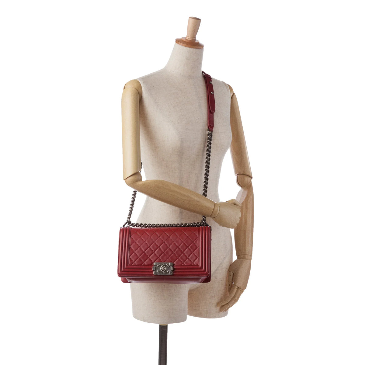 Boy Medium (Good) Bag Authenticated Crossbody Red Bag Pre-Owned Chanel Unisex Flap Leather Lambskin