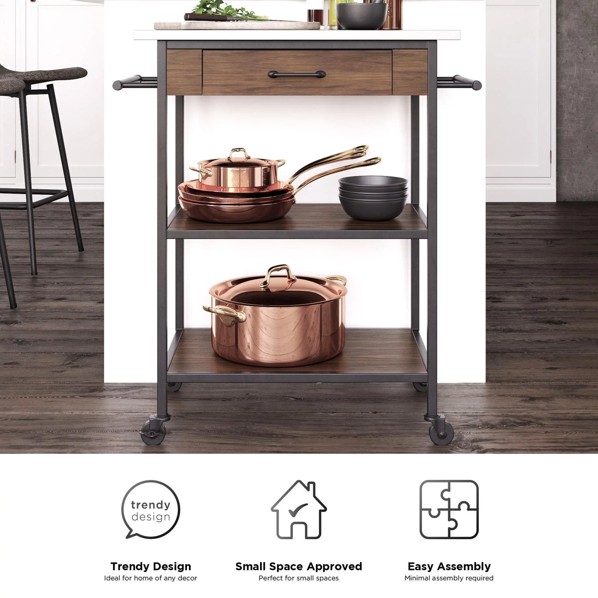 Brown Metal Counter Kitchen Black Storage, Stainless Pantry Cart, Top, Frame, DHP Steel Kane