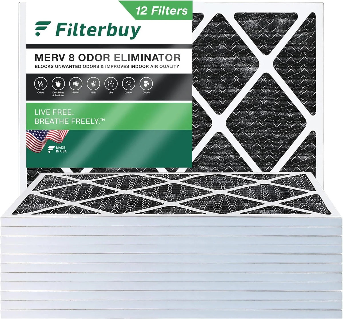 Filterbuy Carbon 22x24x1 MERV HVAC (12-Pack) Pleated Odor 8 Air Eliminator Furnace Activated Filters AC with