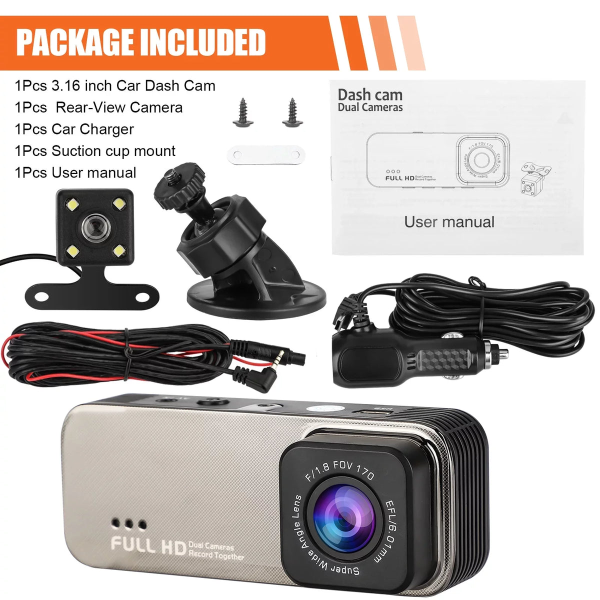 170° 1080P Dual Dual Cam, Detection, Dash and G-Sensor, Camera Dash for 3.16inch Rear Wide Front Black Cars, Camera Angle WDR, Recorder Motion with Monitoring, Display, Dashboard TSV Parking