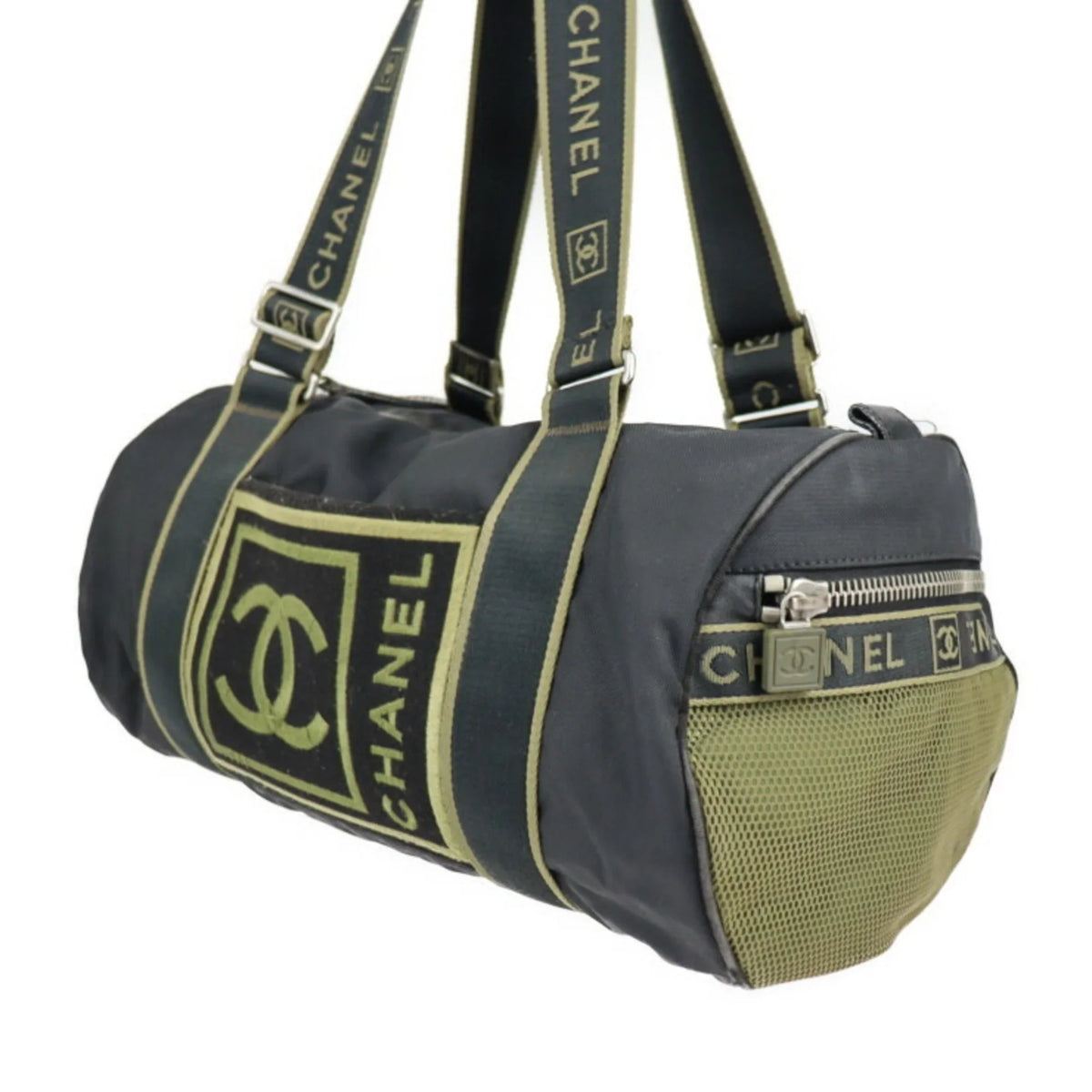 Pre-Owned Travel Green Round 10 (Fair) Sport Black Khaki Line Cylindrical Cocomark Chanel Bag CHANEL Nylon Series Shoulder Boston Canvas