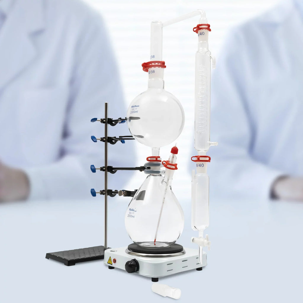 Glass Separator Oil Kit Purifier Miumaeov Oil Condenser Essential + Hot 2000ML Distillation Distillation Essential Distiller Steam Lab Stove Water + Apparatus with