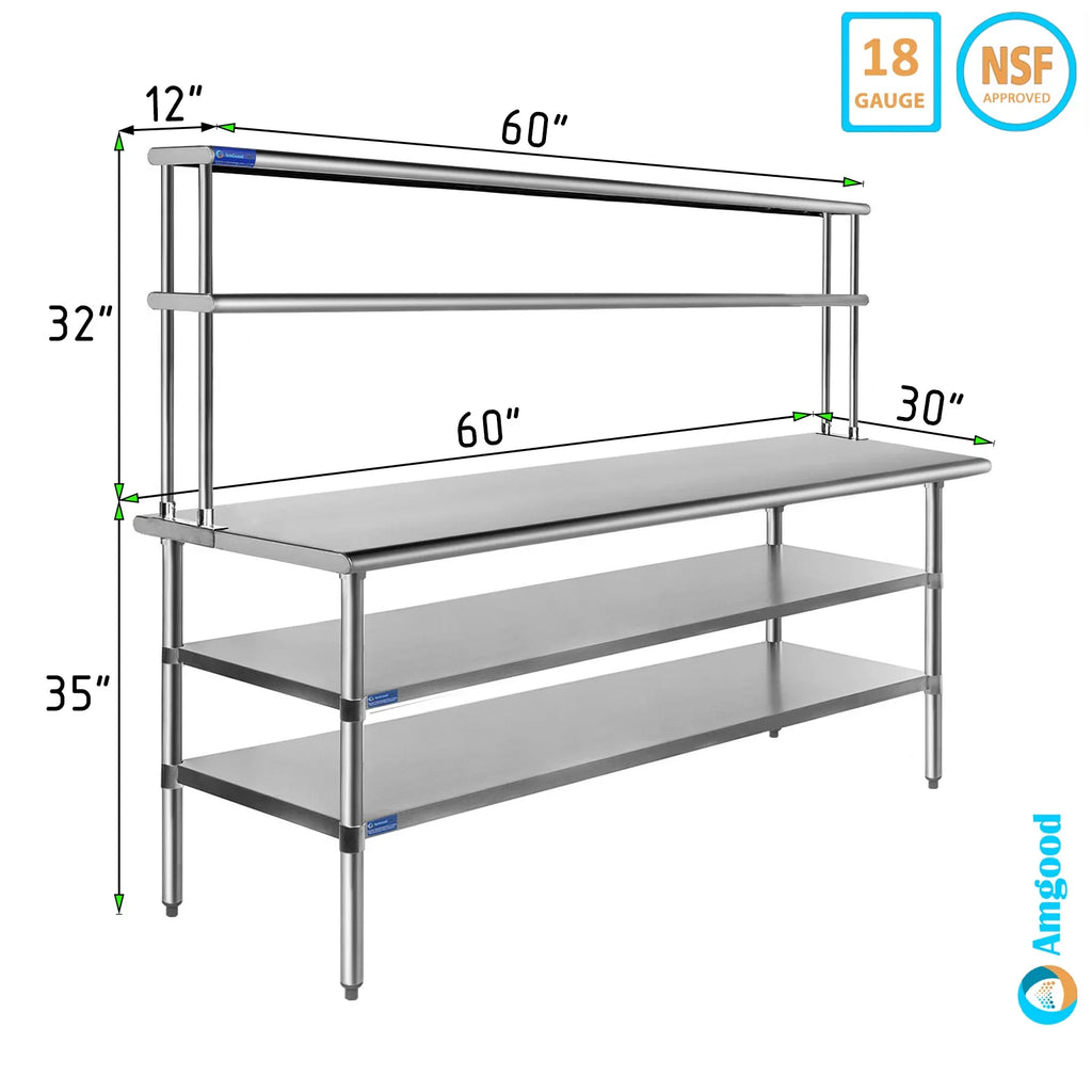 Prep | Shelves | Work Metal Overshelf Kitchen Table Tier Table Wide 12" With Two Steel 30" & Shelving 60" Combo x Double Stainless