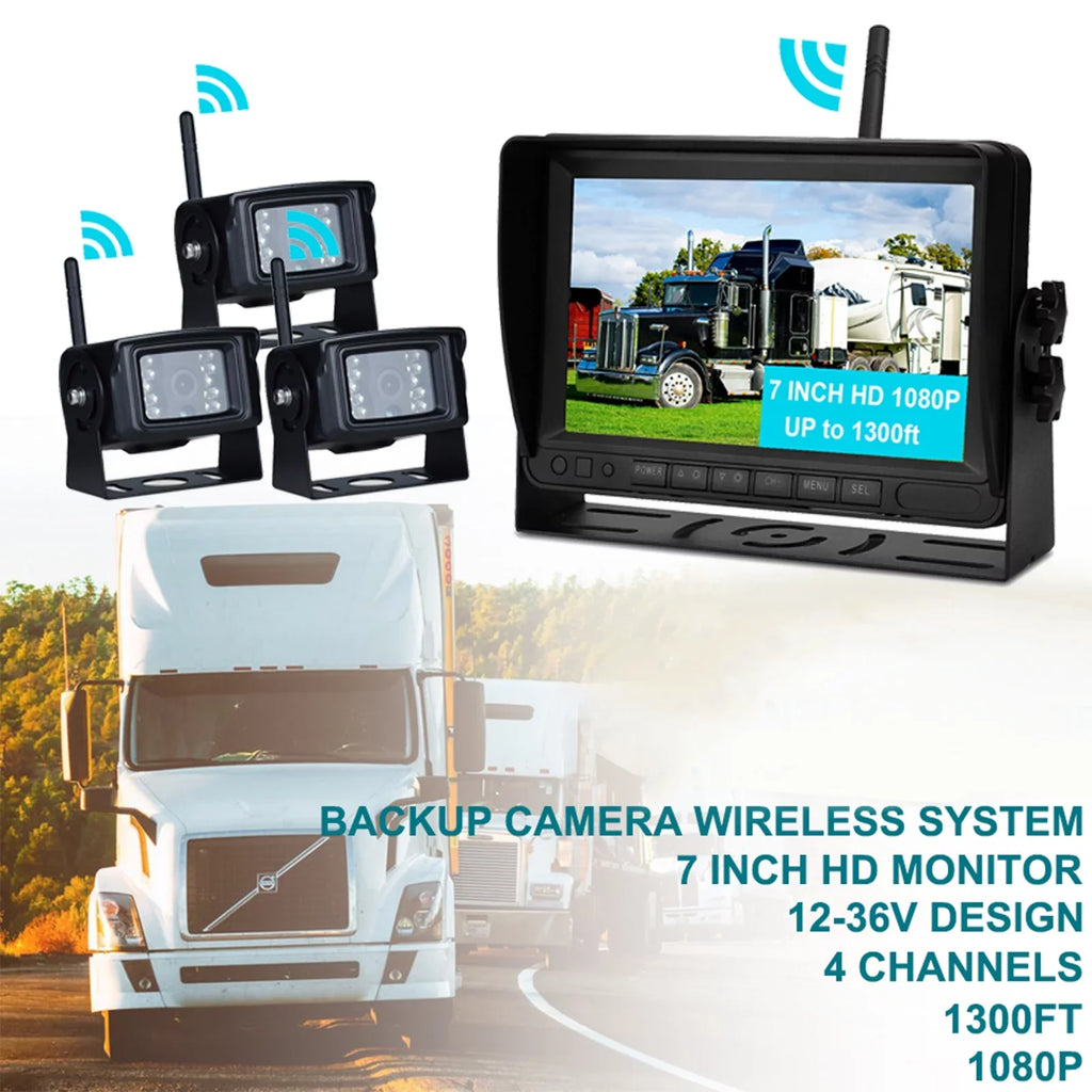 for 1080P Truck 7" Wireless AHD Camera Display Kit Rear Backup 3CH Trailer View