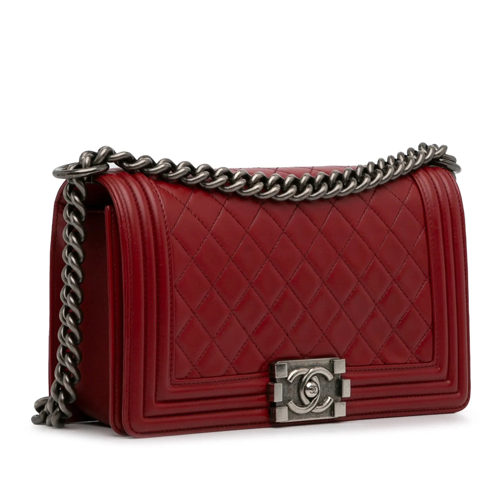 Boy Medium (Good) Bag Authenticated Crossbody Red Bag Pre-Owned Chanel Unisex Flap Leather Lambskin
